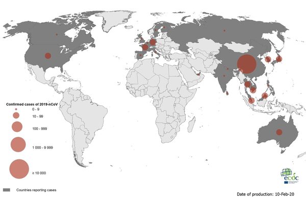 Distribuzione dei casi confermati in laboratorio nel mondo al 10 febbraio 2020 - ECDC